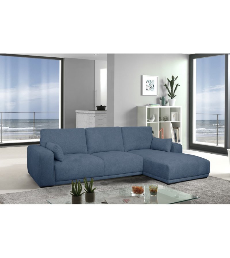 California-Sofa mit Chaiselongue rechts und 2 Armlehnen – blauer Stoff und schwarzes Metall