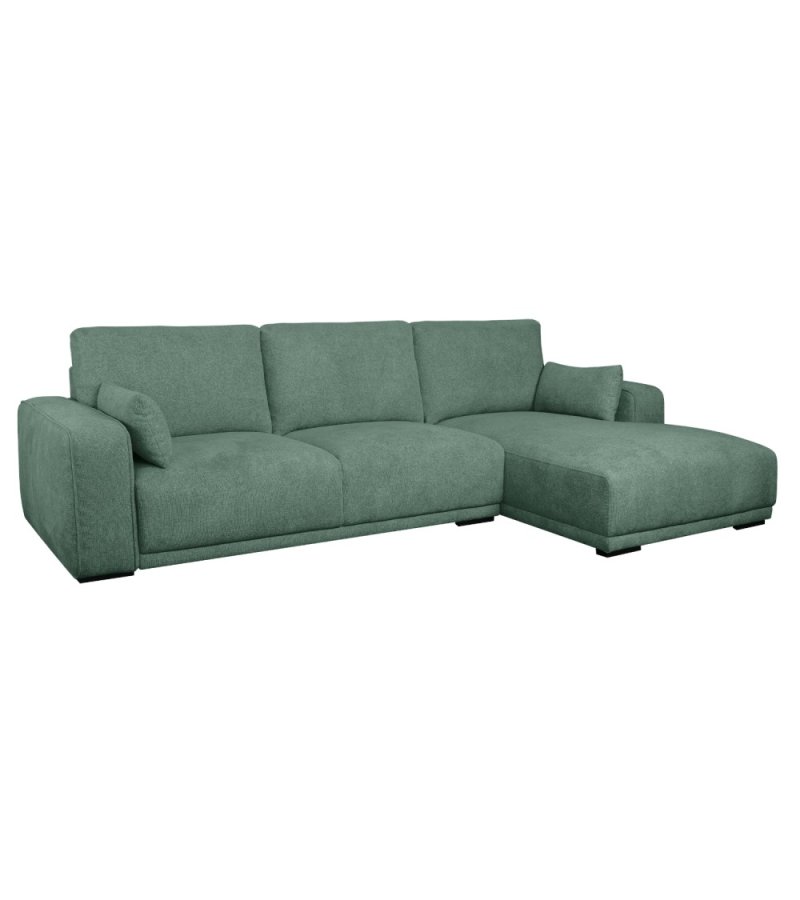 California-Sofa mit Chaiselongue rechts und 2 Armlehnen – grüner Stoff und schwarzes Metall