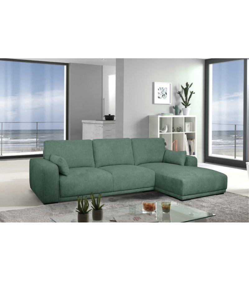 California-Sofa mit Chaiselongue rechts und 2 Armlehnen – grüner Stoff und schwarzes Metall