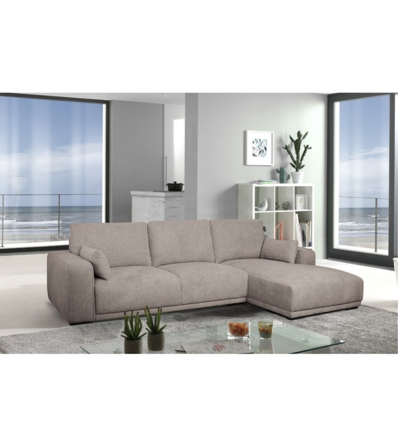 California-Sofa mit Chaiselongue rechts und 2 Armlehnen – brauner Stoff und schwarzes Metall