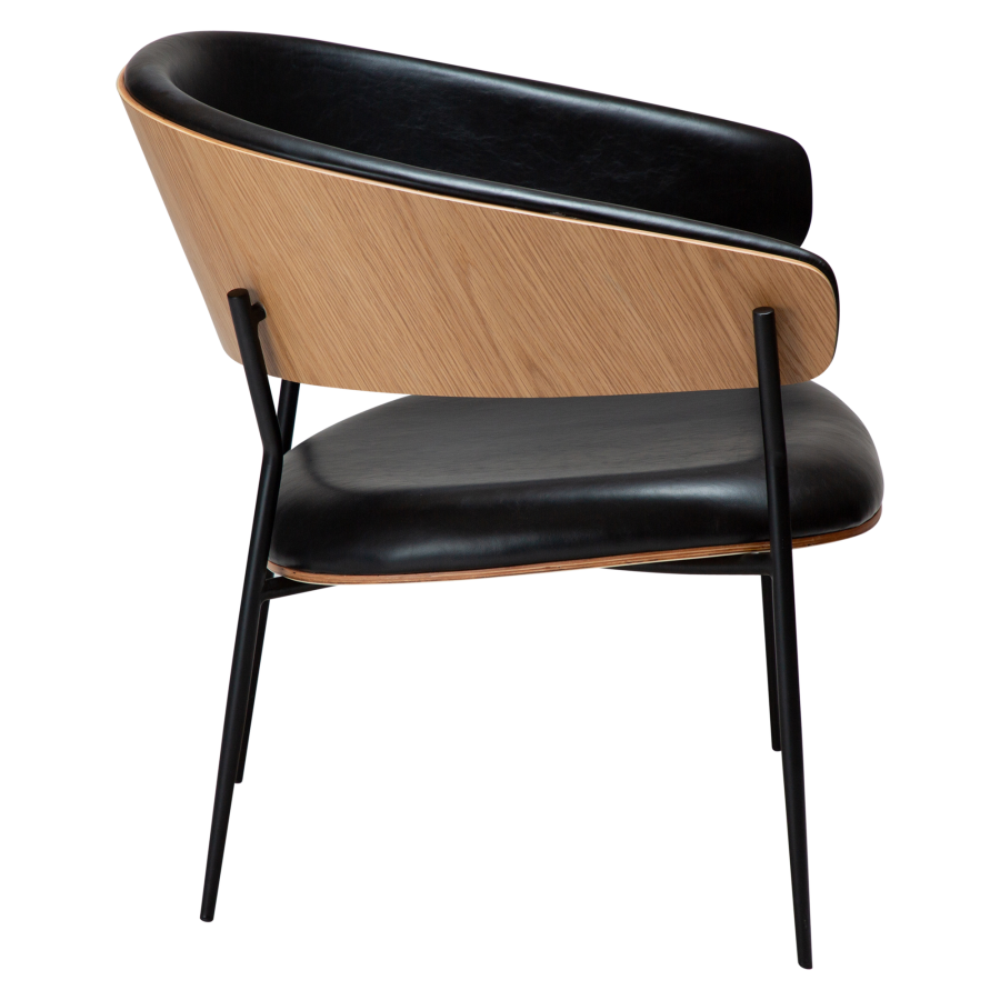 DAN-FORM CRIB lenestol Vintage svart kunstskinn og eikefiner med svarte metallben