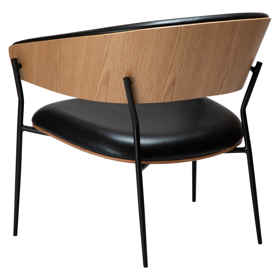 DAN-FORM CRIB lenestol Vintage svart kunstskinn og eikefiner med svarte metallben