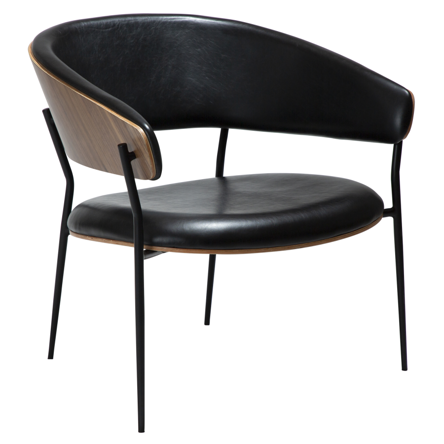 DAN-FORM CRIB lenestol Vintage svart kunstskinn og valnttfiner med svarte metallben