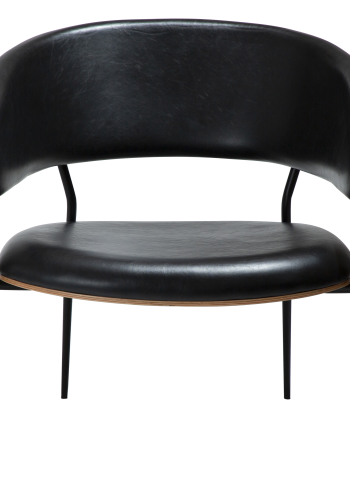 DAN-FORM CRIB lenestol Vintage svart kunstskinn og valnttfiner med svarte metallben