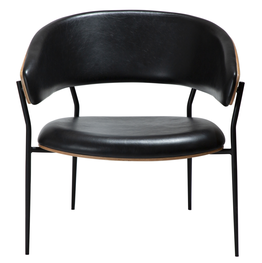 DAN-FORM CRIB lenestol Vintage svart kunstskinn og valnttfiner med svarte metallben