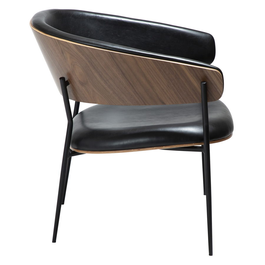 DAN-FORM CRIB lenestol Vintage svart kunstskinn og valnttfiner med svarte metallben