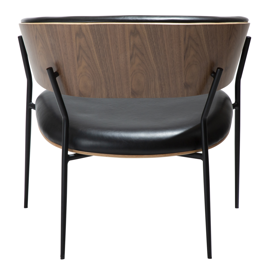 DAN-FORM CRIB lenestol Vintage svart kunstskinn og valnttfiner med svarte metallben