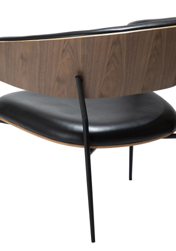 DAN-FORM CRIB lenestol Vintage svart kunstskinn og valnttfiner med svarte metallben