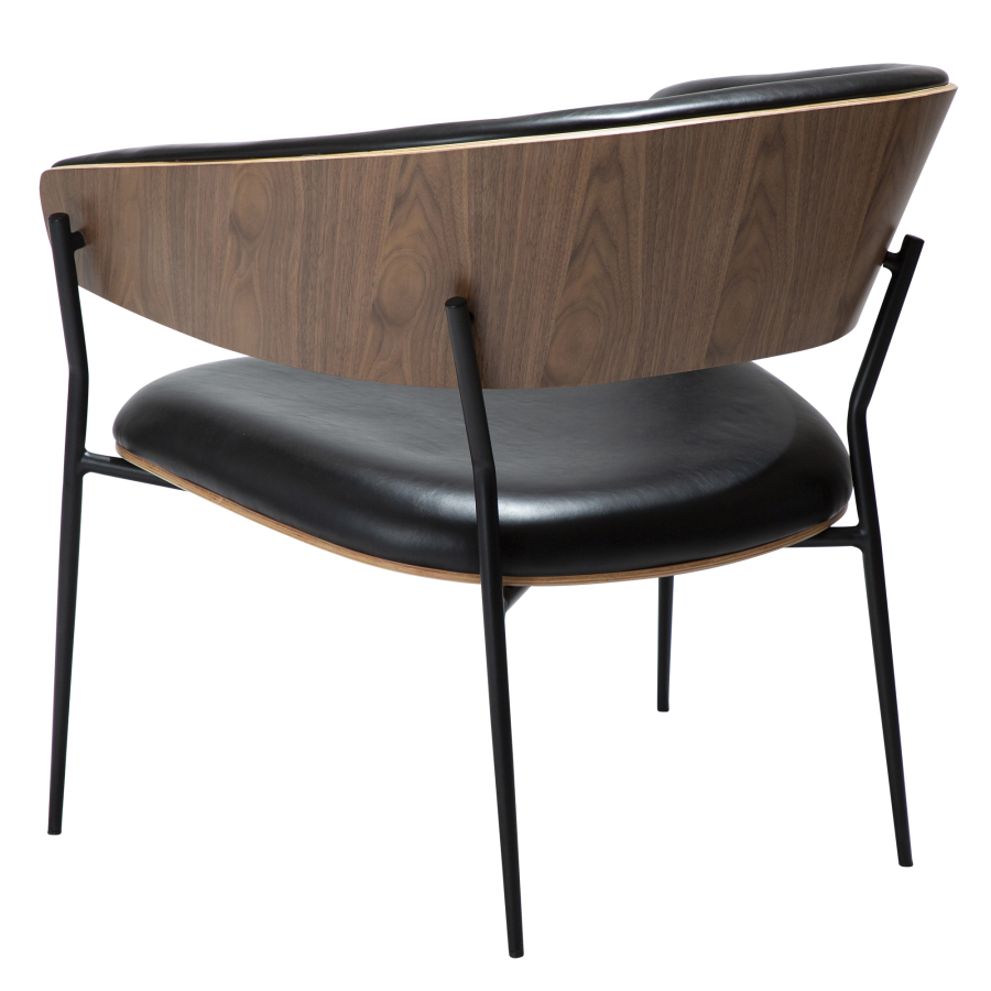 DAN-FORM CRIB lenestol Vintage svart kunstskinn og valnttfiner med svarte metallben