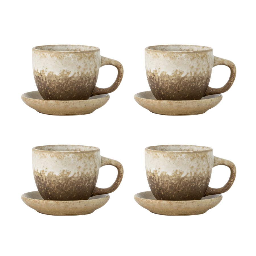 BLOOMINGVILLE Brenta Tasse mit Untertasse, Natur, Steingut (T11xH7,5 cm, 4er-Set)