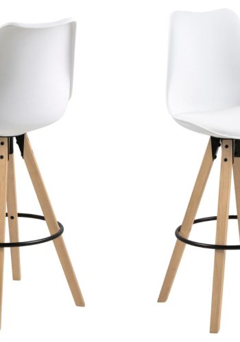 ACT NORDIC Dima Barhocker, mit Rückenlehne und Fußstütze – weißes PU/Polypropylen und Naturkautschukholz