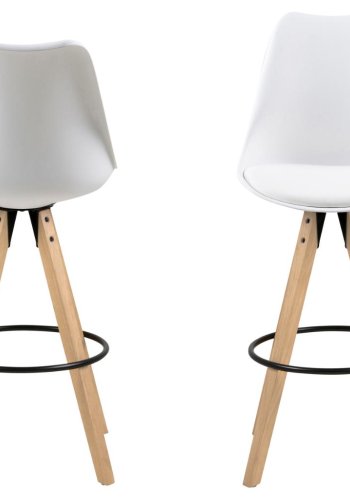 ACT NORDIC Dima Barhocker, mit Rückenlehne und Fußstütze – weißes PU/Polypropylen und Naturkautschukholz