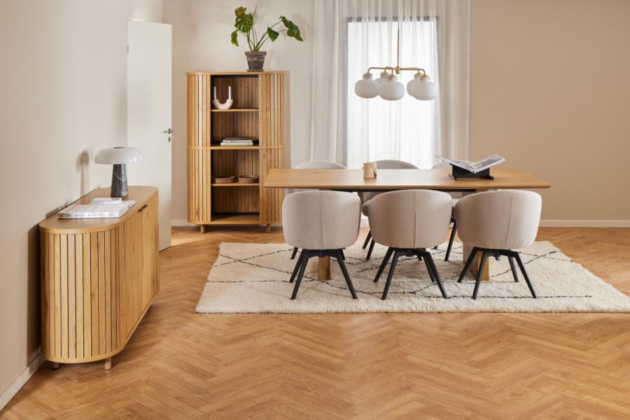 ACT NORDIC Darlene spisestuestol, med armlener, svingfunksjon, retursving - beige stoff og svart stl