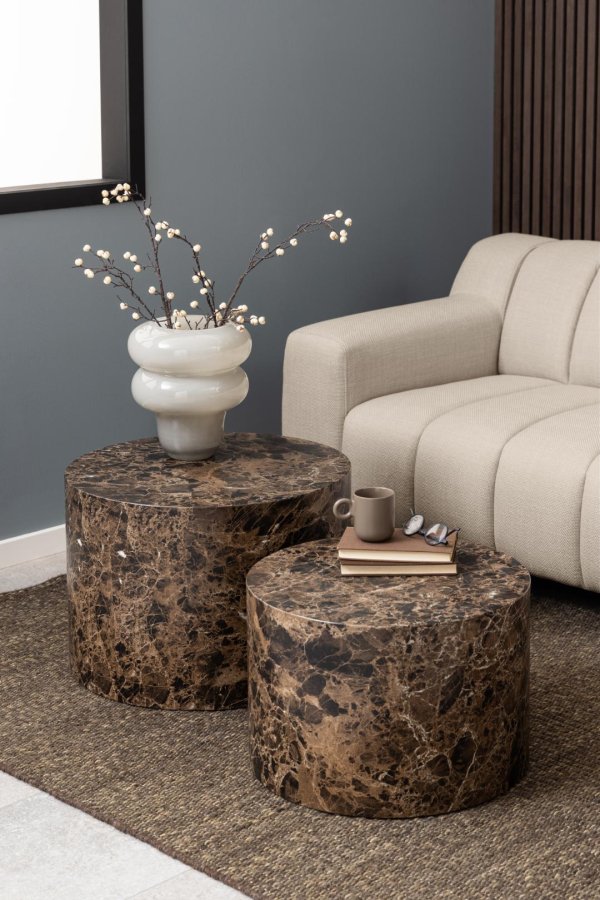 ACT NORDIC Dice sofabord, rundt - brun marmor Delhi grovt papir (58) (sett med 2)