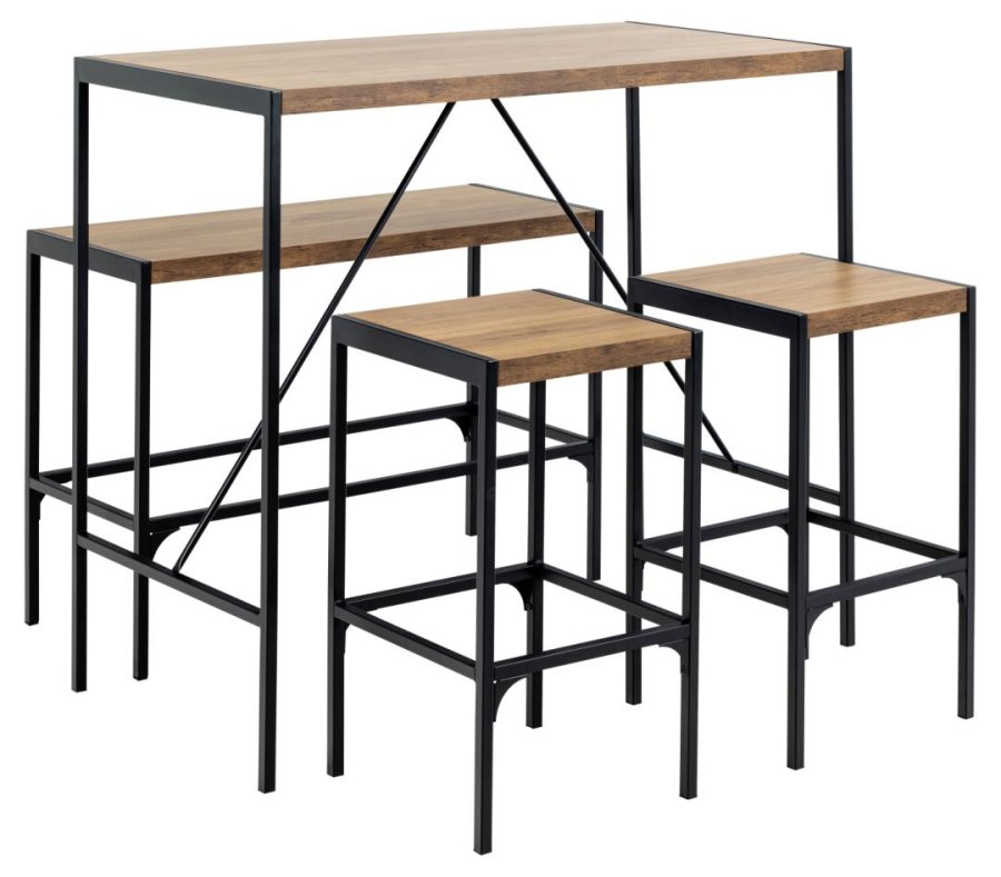 ACT NORDIC Bahamas Bartisch, mit 1 Bank, 2 Stühlen und Fußstütze – Melamin Eiche matt/schwarzer Stahl (120x60x105)