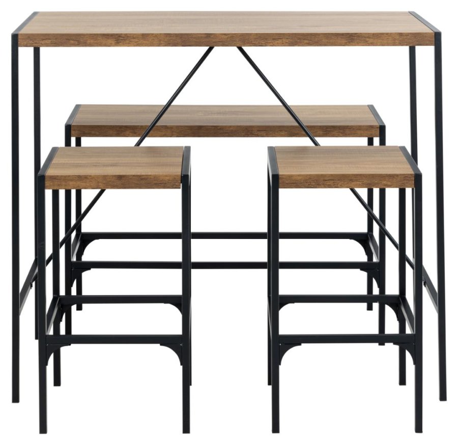 ACT NORDIC Bahamas Bartisch, mit 1 Bank, 2 Stühlen und Fußstütze – Melamin Eiche matt/schwarzer Stahl (120x60x105)