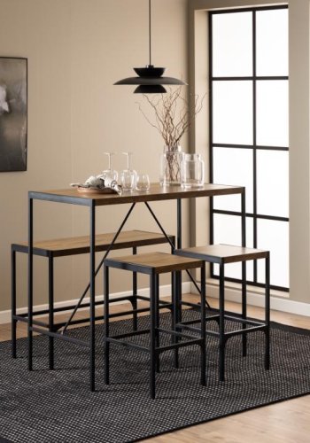 ACT NORDIC Bahamas Bartisch, mit 1 Bank, 2 Stühlen und Fußstütze – Melamin Eiche matt/schwarzer Stahl (120x60x105)