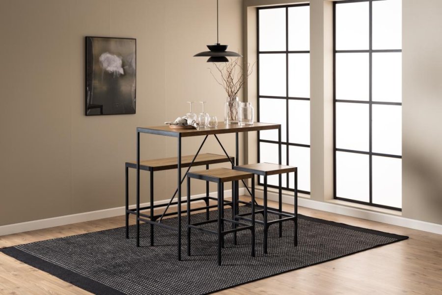 ACT NORDIC Bahamas Bartisch, mit 1 Bank, 2 Stühlen und Fußstütze – Melamin Eiche matt/schwarzer Stahl (120x60x105)