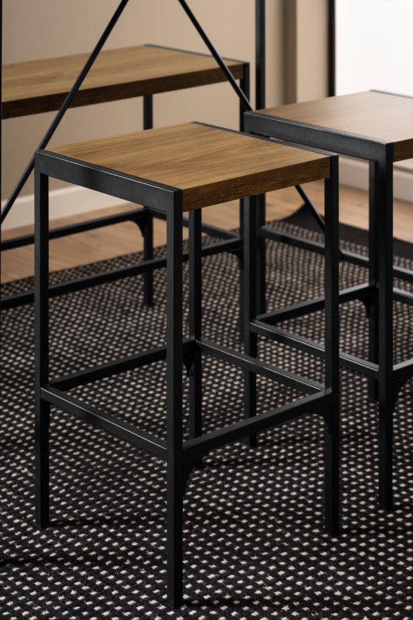 ACT NORDIC Bahamas Bartisch, mit 1 Bank, 2 Stühlen und Fußstütze – Melamin Eiche matt/schwarzer Stahl (120x60x105)