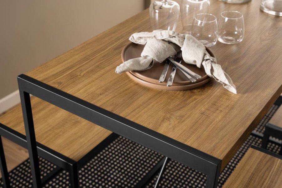 ACT NORDIC Bahamas Bartisch, mit 1 Bank, 2 Stühlen und Fußstütze – Melamin Eiche matt/schwarzer Stahl (120x60x105)