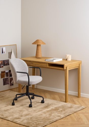 ACT NORDIC Patricia Schreibtischstuhl, mit Armlehnen, Rollen, Drehfunktion – beiger Stoff und schwarzer Stahl