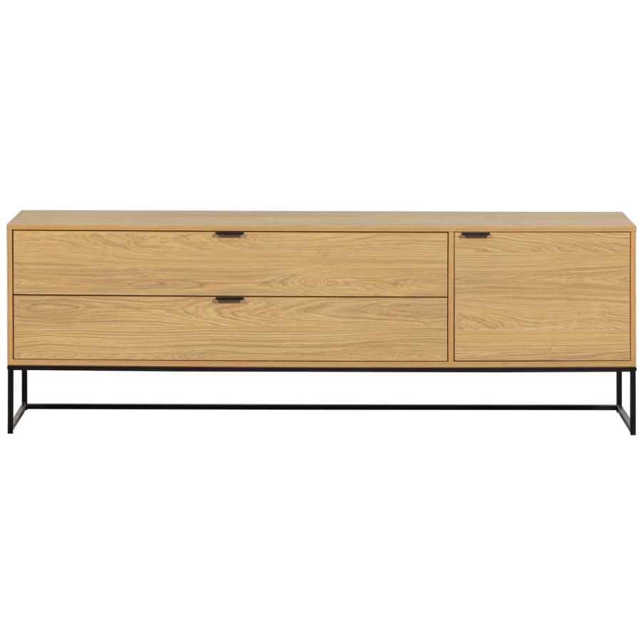 WOOOD Silas TV-bord, m. 2 lger, 1 lge, 1 hylde, 2 skuffer - egetr melamin og sort metal (180x44)