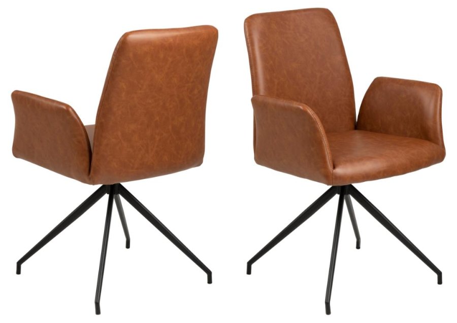 ACT NORDIC Naya Esszimmerstuhl, mit Armlehnen und Drehfunktion – Retro-Cognac-PU und schwarzer Stahl