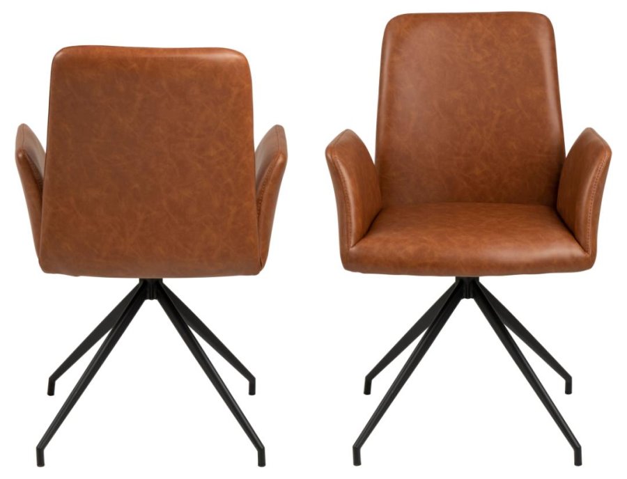 ACT NORDIC Naya Esszimmerstuhl, mit Armlehnen und Drehfunktion – Retro-Cognac-PU und schwarzer Stahl