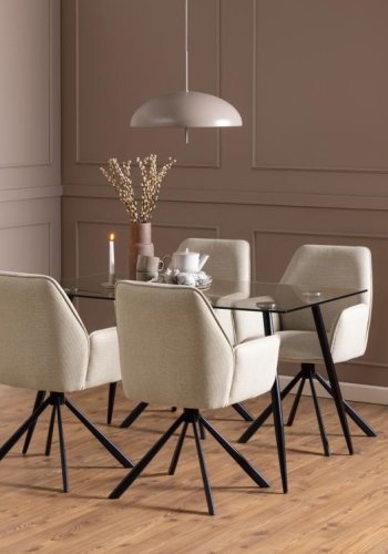 ACT NORDIC Glenda Esszimmerstuhl, mit Armlehnen und Drehfunktion – beiger Stoff und schwarzer Stahl