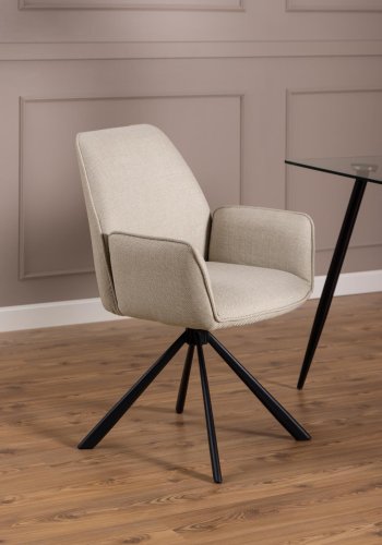 ACT NORDIC Glenda Esszimmerstuhl, mit Armlehnen und Drehfunktion – beiger Stoff und schwarzer Stahl