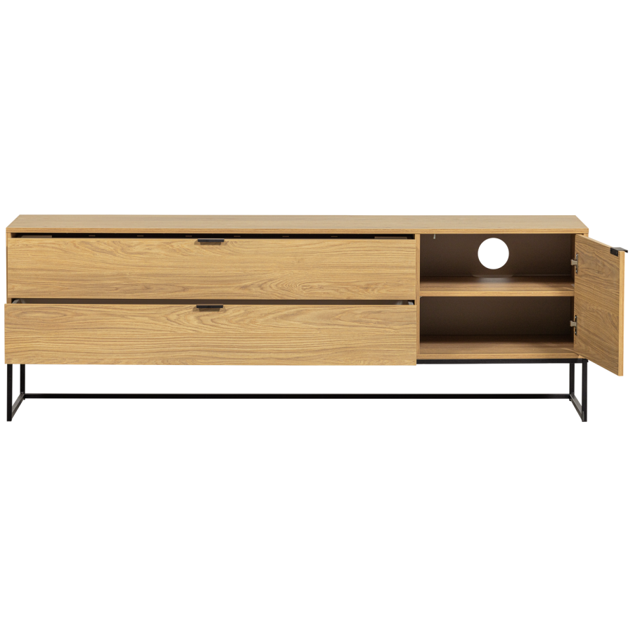 WOOOD Silas TV-bord, m. 2 lger, 1 lge, 1 hylde, 2 skuffer - egetr melamin og sort metal (180x44)