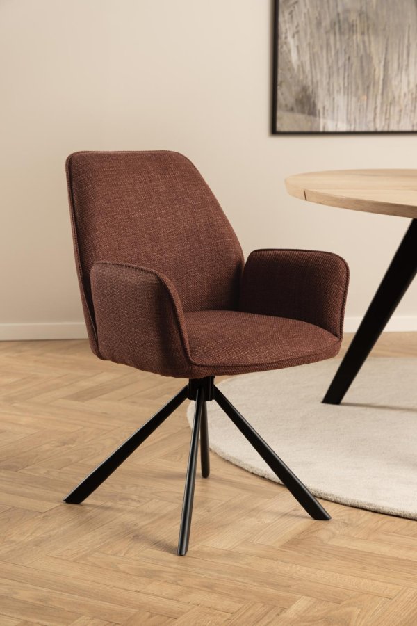 ACT NORDIC Glenda Esszimmerstuhl, mit Armlehnen und Drehfunktion – Terrakotta-Stoff und schwarzer Stahl