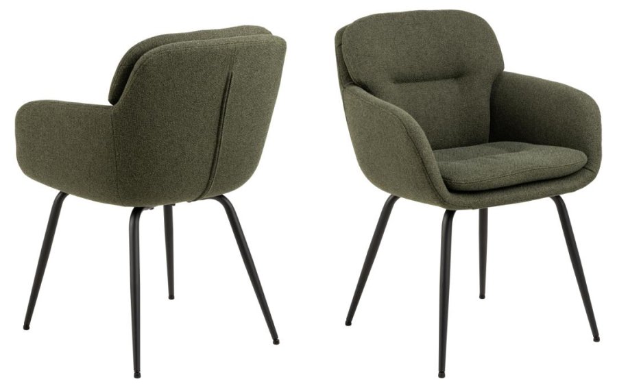 ACT NORDIC Dora Esszimmerstuhl, mit Armlehnen, Nähten und Reißverschluss – grüner Stoff und schwarzer Stahl