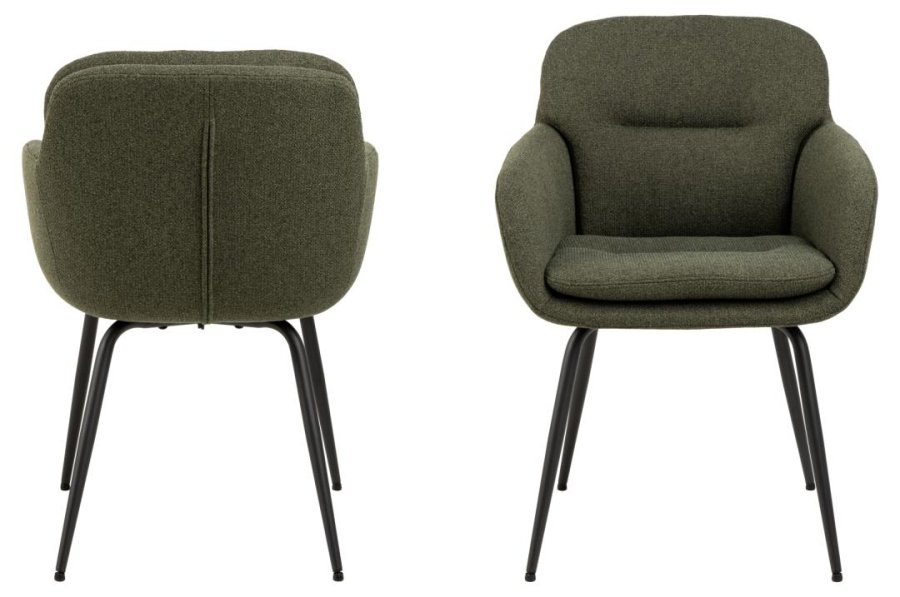 ACT NORDIC Dora Esszimmerstuhl, mit Armlehnen, Nähten und Reißverschluss – grüner Stoff und schwarzer Stahl