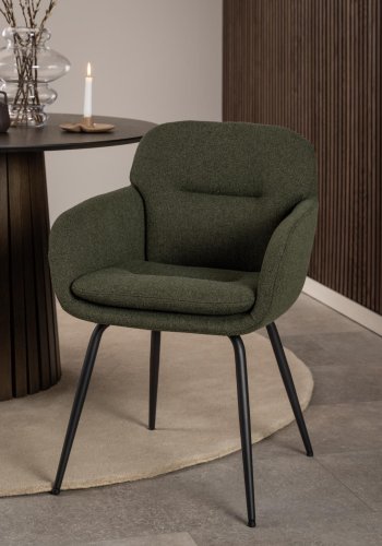 ACT NORDIC Dora Esszimmerstuhl, mit Armlehnen, Nähten und Reißverschluss – grüner Stoff und schwarzer Stahl
