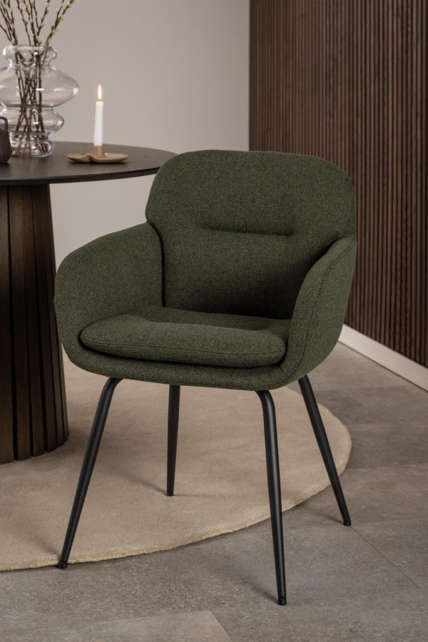 ACT NORDIC Dora Esszimmerstuhl, mit Armlehnen, Nähten und Reißverschluss – grüner Stoff und schwarzer Stahl