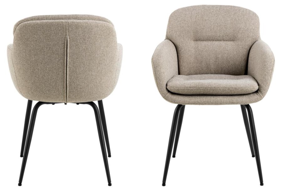 ACT NORDIC Dora Esszimmerstuhl, mit Armlehnen, Nähten und Reißverschluss – beiger Stoff und schwarzer Stahl