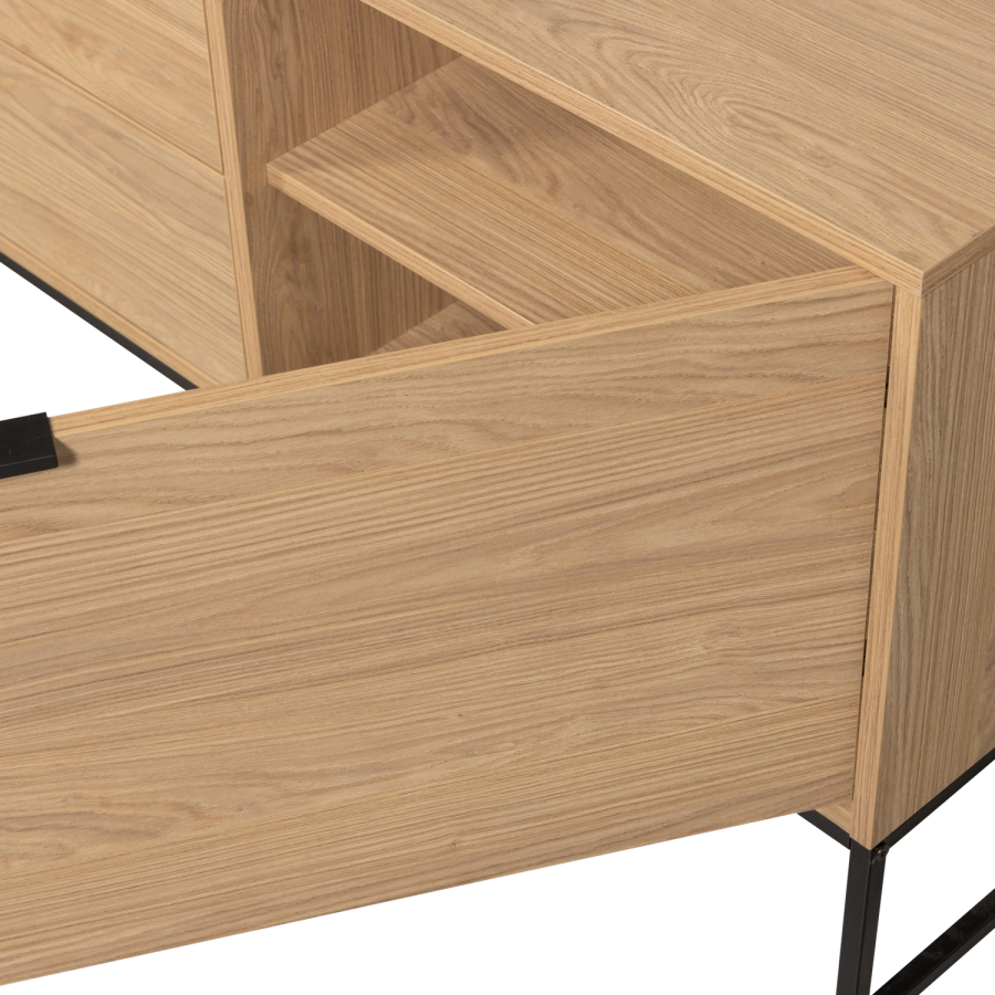 WOOOD Silas TV-bord, m. 2 lger, 1 lge, 1 hylde, 2 skuffer - egetr melamin og sort metal (180x44)