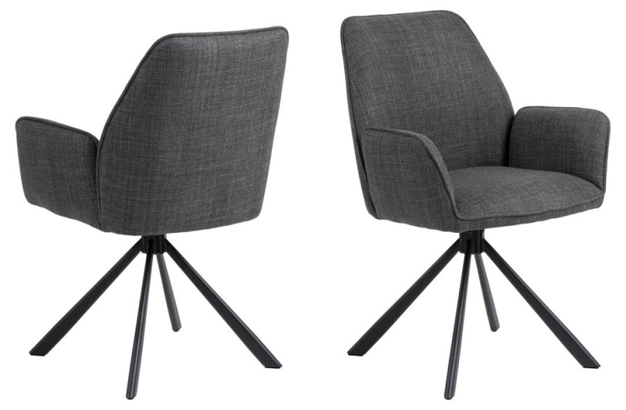 ACT NORDIC Glenda Esszimmerstuhl, mit Armlehnen und Drehfunktion - dunkelgrauer Stoff und schwarzer Stahl
