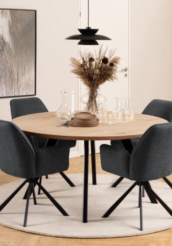 ACT NORDIC Glenda Esszimmerstuhl, mit Armlehnen und Drehfunktion - dunkelgrauer Stoff und schwarzer Stahl