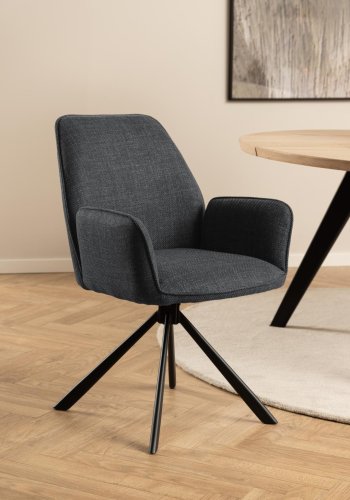 ACT NORDIC Glenda Esszimmerstuhl, mit Armlehnen und Drehfunktion - dunkelgrauer Stoff und schwarzer Stahl