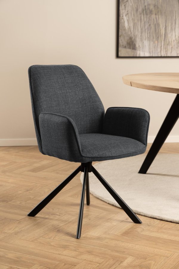 ACT NORDIC Glenda Esszimmerstuhl, mit Armlehnen und Drehfunktion - dunkelgrauer Stoff und schwarzer Stahl