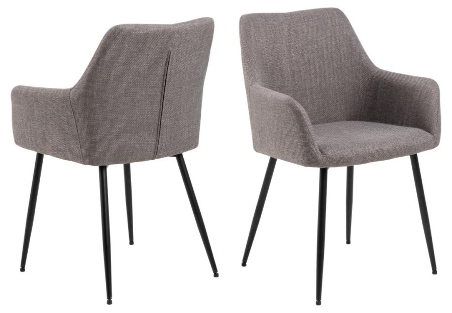 ACT NORDIC Lizzy Esszimmerstuhl, mit Armlehnen und Reißverschluss – hellgraubrauner Stoff und schwarzer Stahl