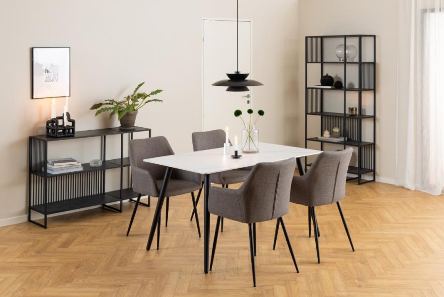 ACT NORDIC Lizzy Esszimmerstuhl, mit Armlehnen und Reißverschluss – hellgraubrauner Stoff und schwarzer Stahl