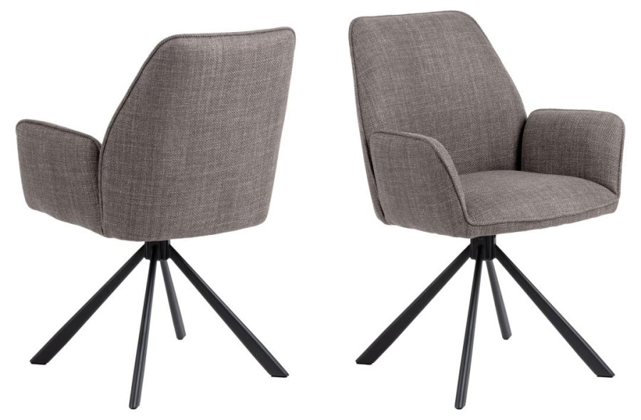 ACT NORDIC Glenda Esszimmerstuhl, mit Armlehnen und Drehfunktion – hellgraubrauner Stoff und schwarzer Stahl