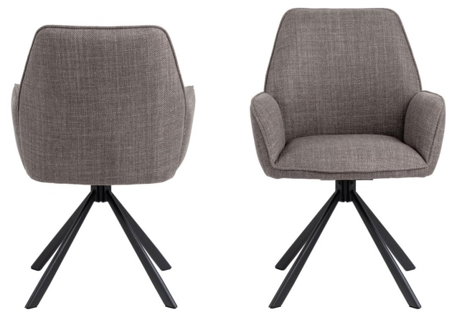 ACT NORDIC Glenda Esszimmerstuhl, mit Armlehnen und Drehfunktion – hellgraubrauner Stoff und schwarzer Stahl