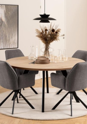 ACT NORDIC Glenda Esszimmerstuhl, mit Armlehnen und Drehfunktion – hellgraubrauner Stoff und schwarzer Stahl