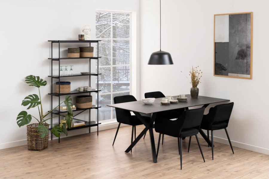 ACT NORDIC Ranja Esszimmerstuhl, mit Armlehnen – schwarzer Stoff und schwarzer Stahl