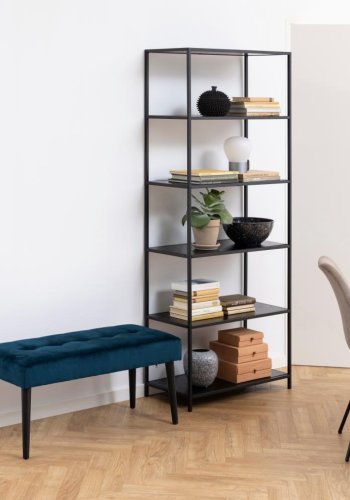 ACT NORDIC Rechteckige Glory-Bank mit Spezialnähten – marineblauer Stoff und schwarzer Stahl (95 x 38)