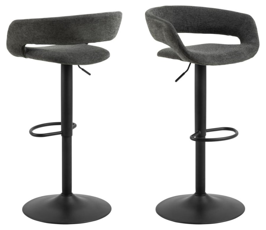 ACT NORDIC Grace Barhocker, mit Rückenlehne, Armlehnen, Fußstütze, Drehfunktion – dunkelgrauer Stoff und schwarzer Stahl